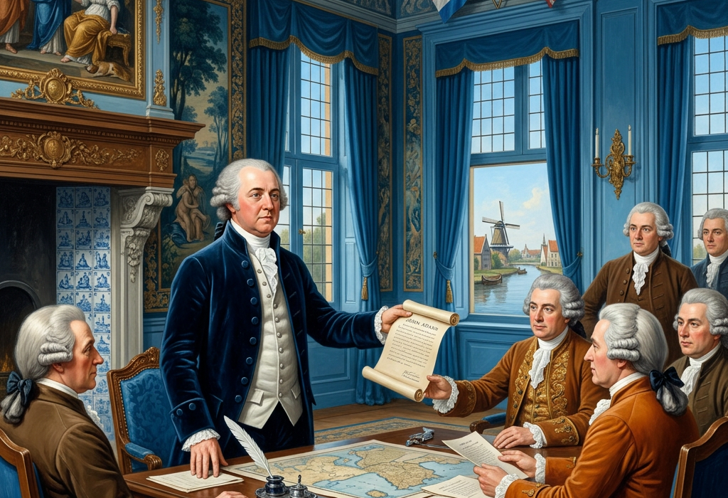 John Adams presenting a document to officials around a table in a richly decorated room with Dutch and American flags.