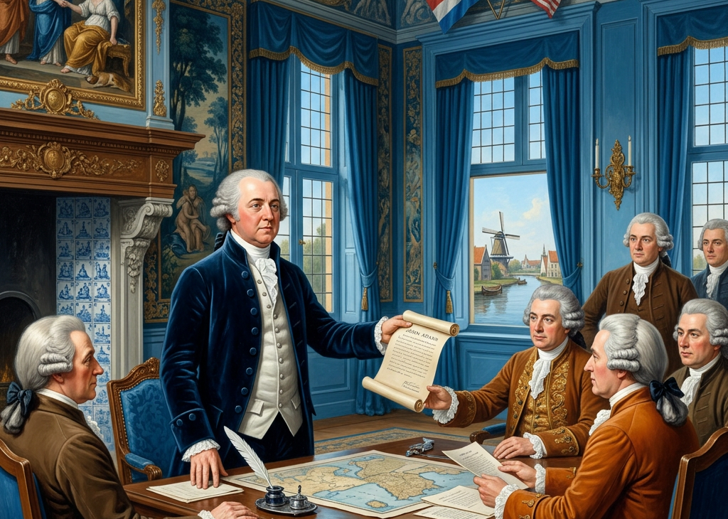 John Adams presenting a document to officials around a table in a richly decorated room with Dutch and American flags.