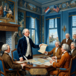 John Adams presenting a document to officials around a table in a richly decorated room with Dutch and American flags.