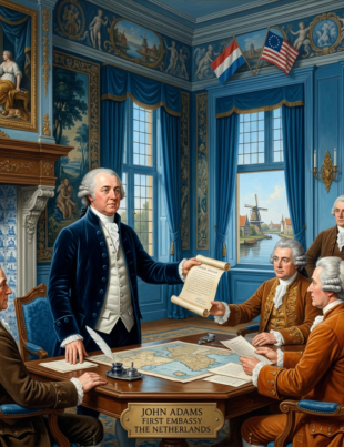 John Adams presenting a document to officials around a table in a richly decorated room with Dutch and American flags.